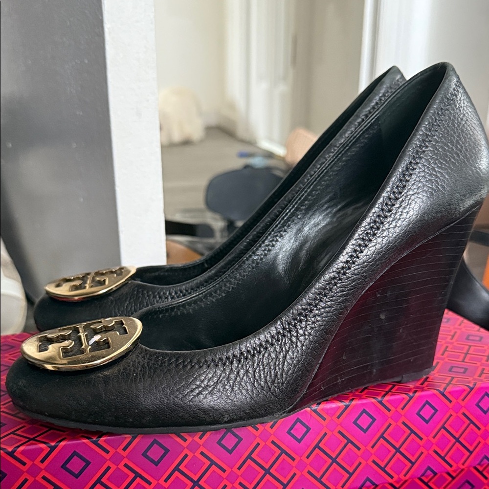 Tory Burch Black Wedges with Gold Accents